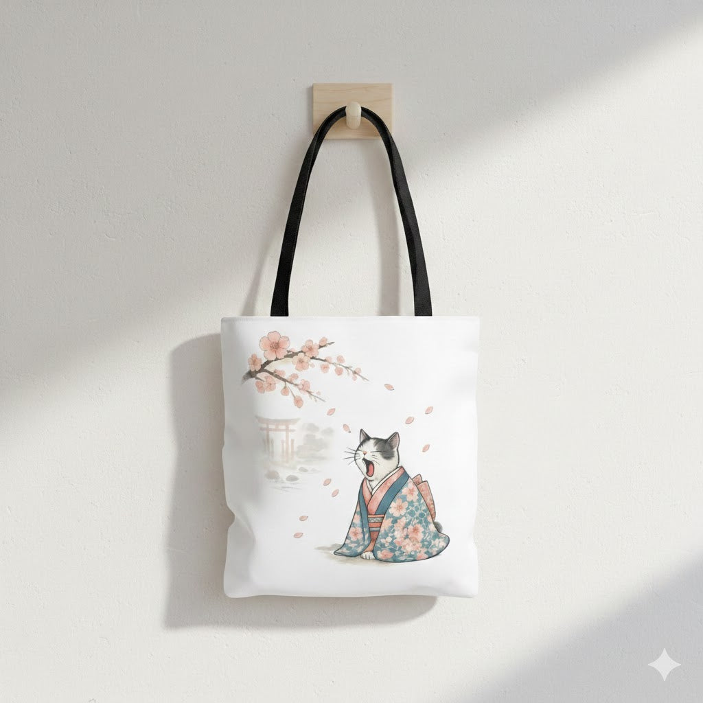 Sakura Cat in Kimono Tote Bag – Japanese Cherry Blossom Canvas Tote