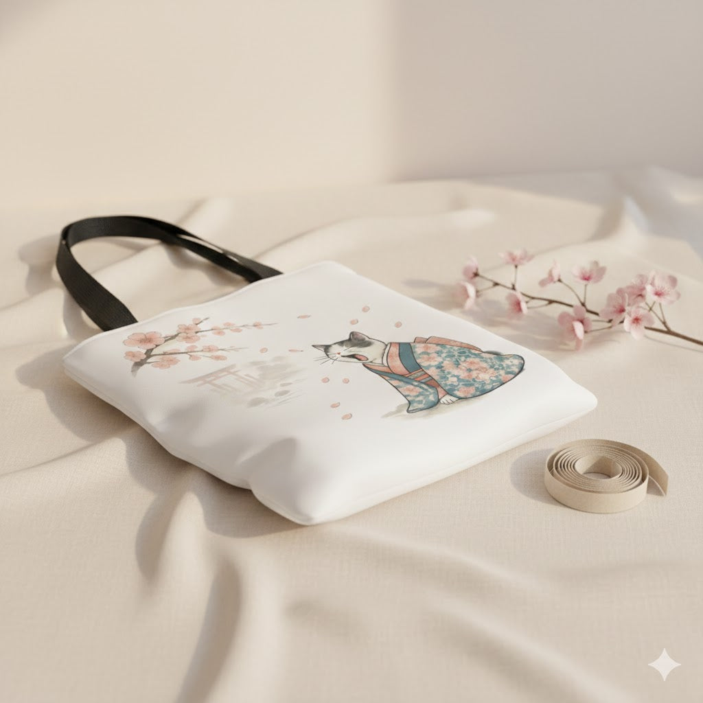 Sakura Cat in Kimono Tote Bag – Japanese Cherry Blossom Canvas Tote