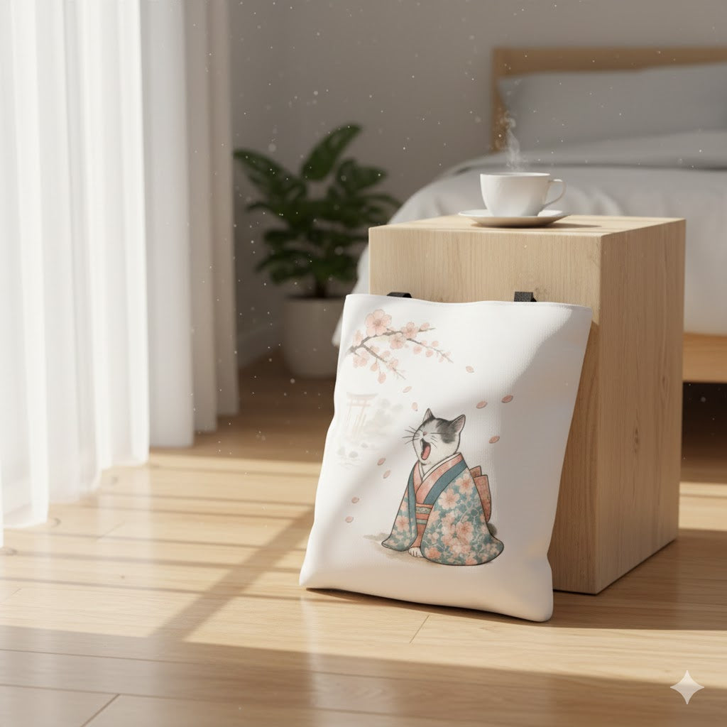 Sakura Cat in Kimono Tote Bag – Japanese Cherry Blossom Canvas Tote