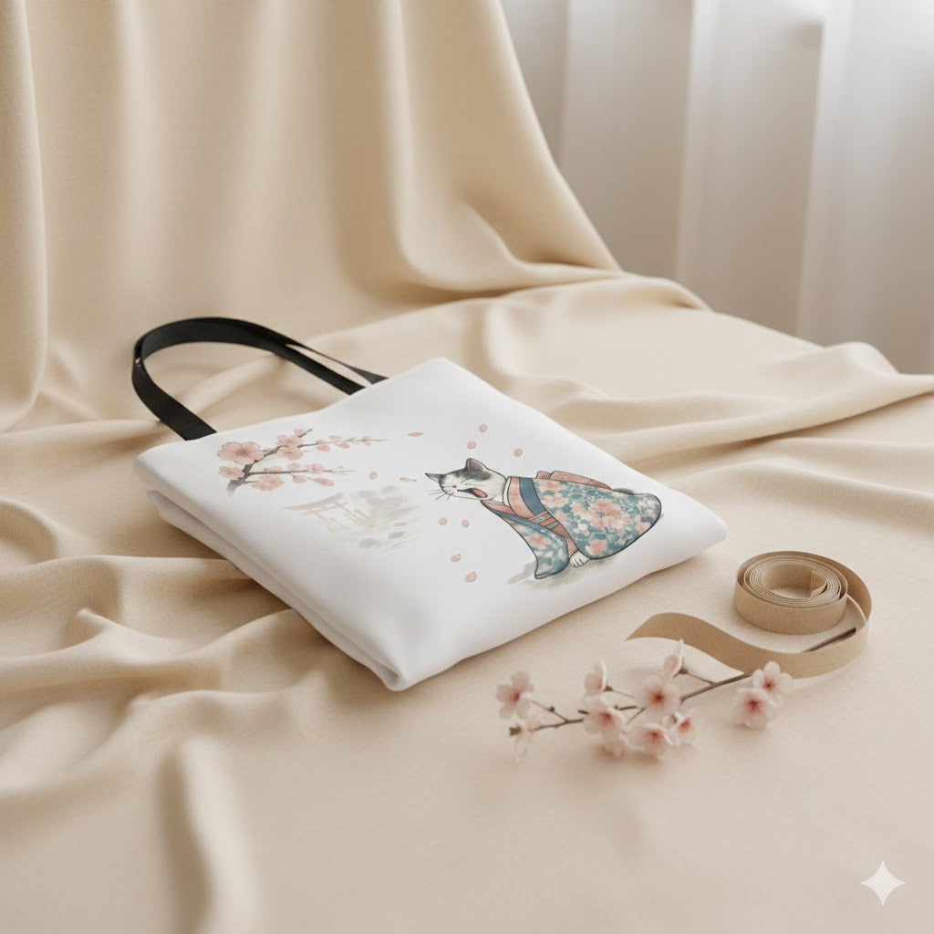 Sakura Cat in Kimono Tote Bag – Japanese Cherry Blossom Canvas Tote