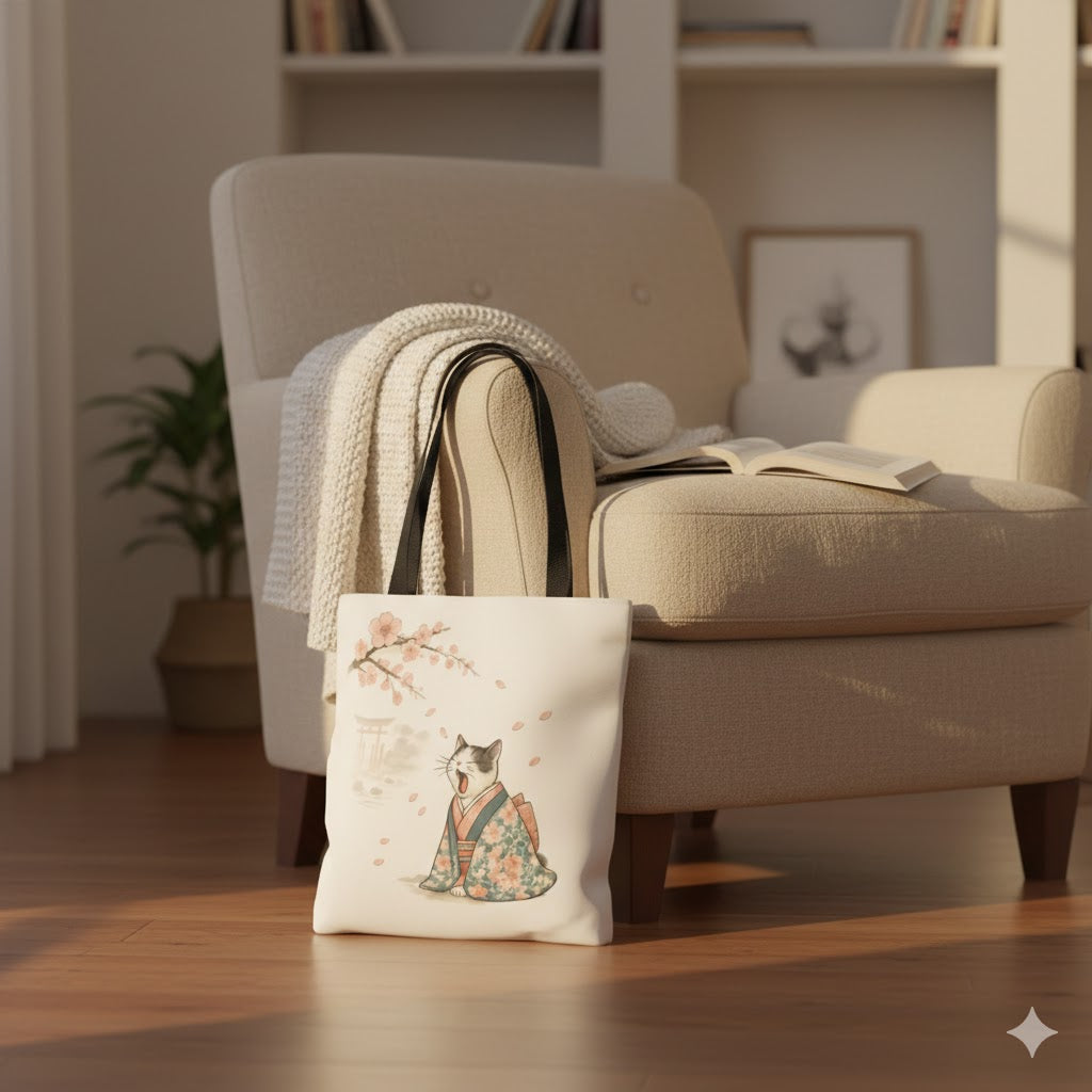 Sakura Cat in Kimono Tote Bag – Japanese Cherry Blossom Canvas Tote