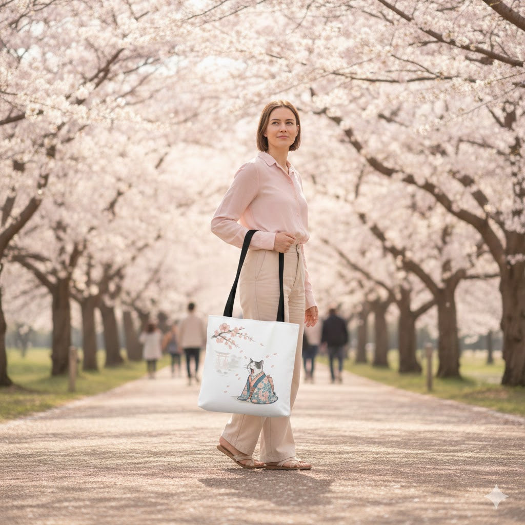 Sakura Cat in Kimono Tote Bag – Japanese Cherry Blossom Canvas Tote