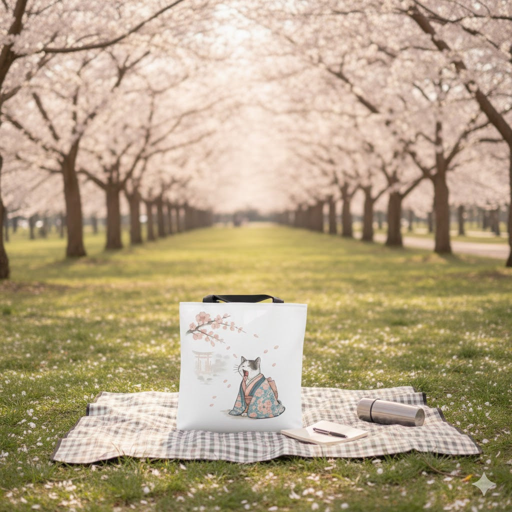 Sakura Cat in Kimono Tote Bag – Japanese Cherry Blossom Canvas Tote