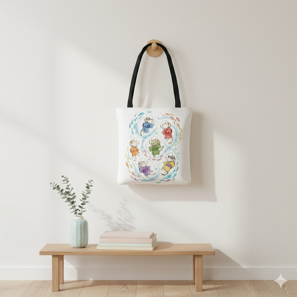 Kawaii Swimming Cats Tote Bag | Colorful Underwater Cat Crew Illustration
