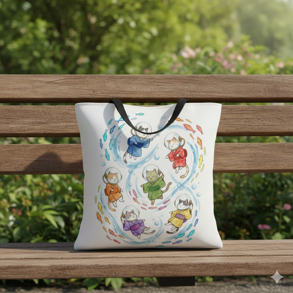 Kawaii Swimming Cats Tote Bag | Colorful Underwater Cat Crew Illustration