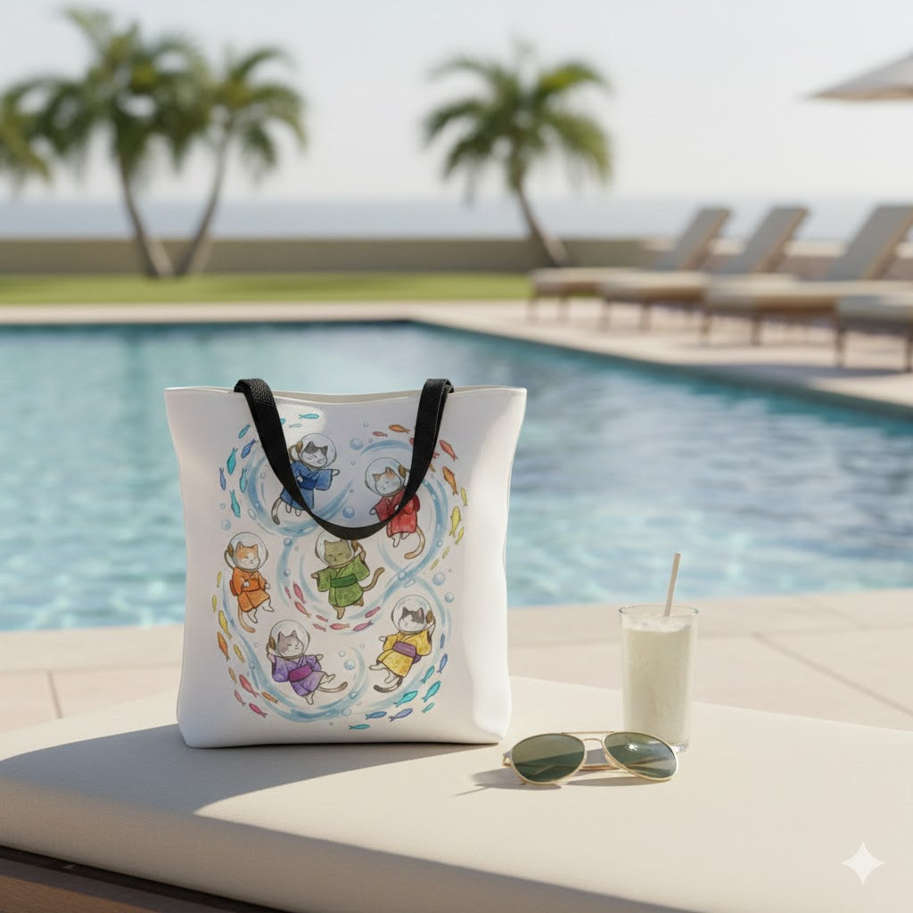 Kawaii Swimming Cats Tote Bag | Colorful Underwater Cat Crew Illustration