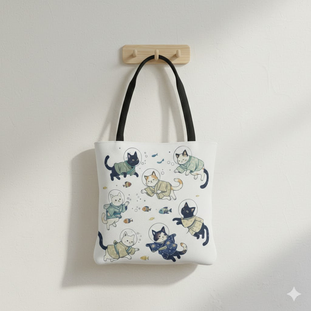 Swimming Cats Tote Bag | Colorful Underwater Cat Crew Illustration