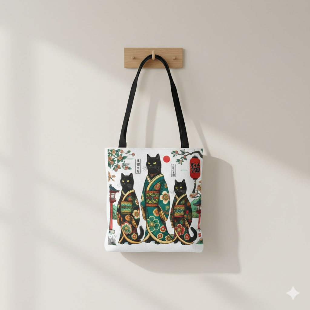 Black Cat Geisha Illustration Tote Bag | Japanese Kimono Cats, AOP Art
