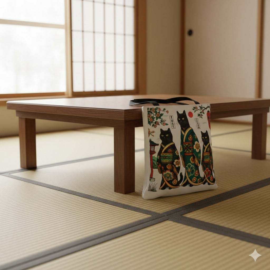 Black Cat Geisha Illustration Tote Bag | Japanese Kimono Cats, AOP Art