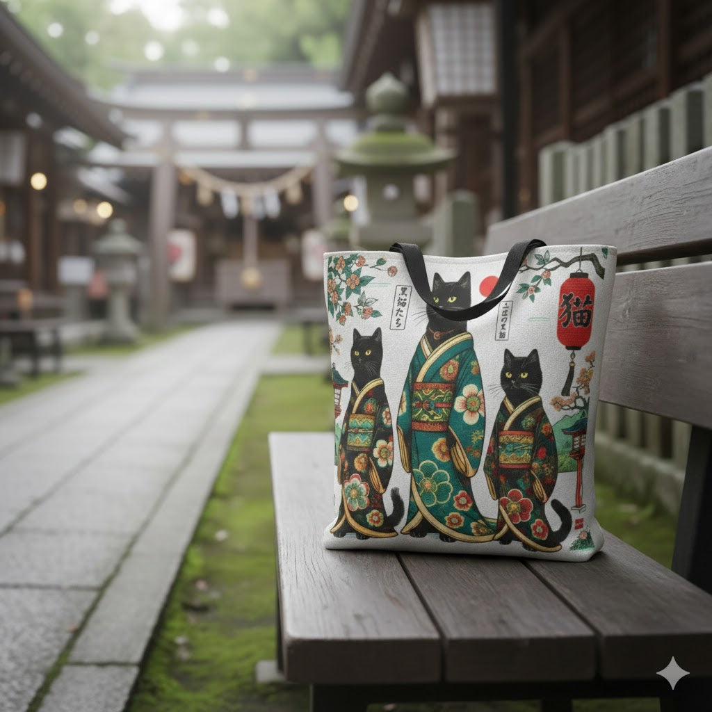 Black Cat Geisha Illustration Tote Bag | Japanese Kimono Cats, AOP Art