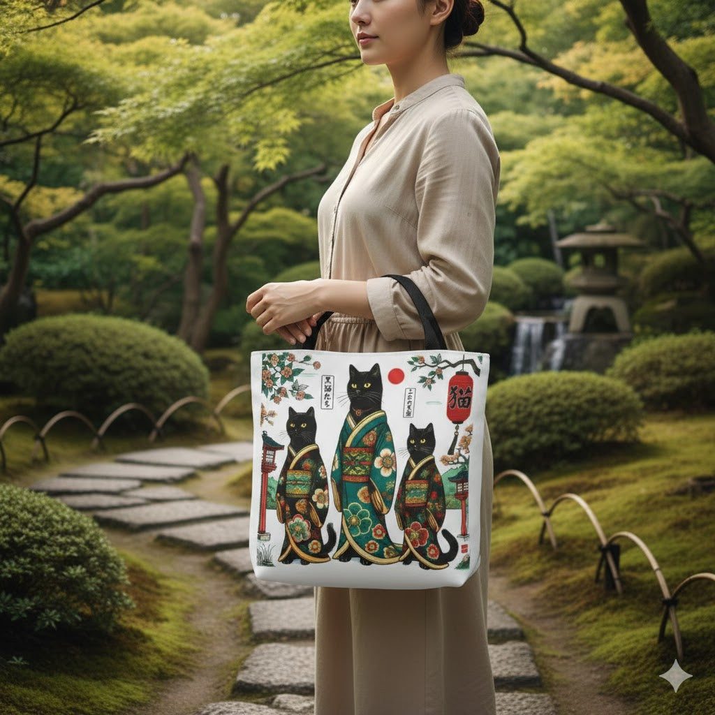 Black Cat Geisha Illustration Tote Bag | Japanese Kimono Cats, AOP Art