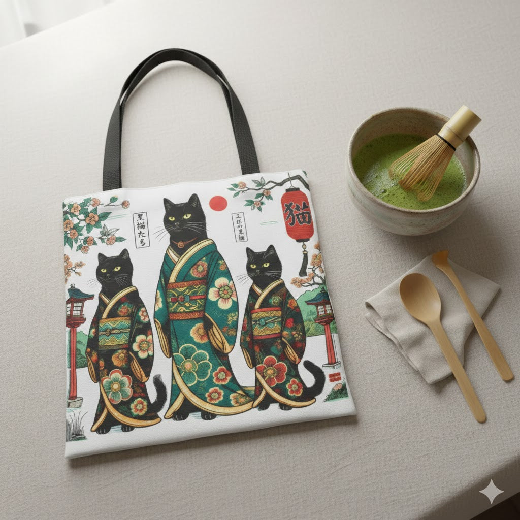 Black Cat Geisha Illustration Tote Bag | Japanese Kimono Cats, AOP Art