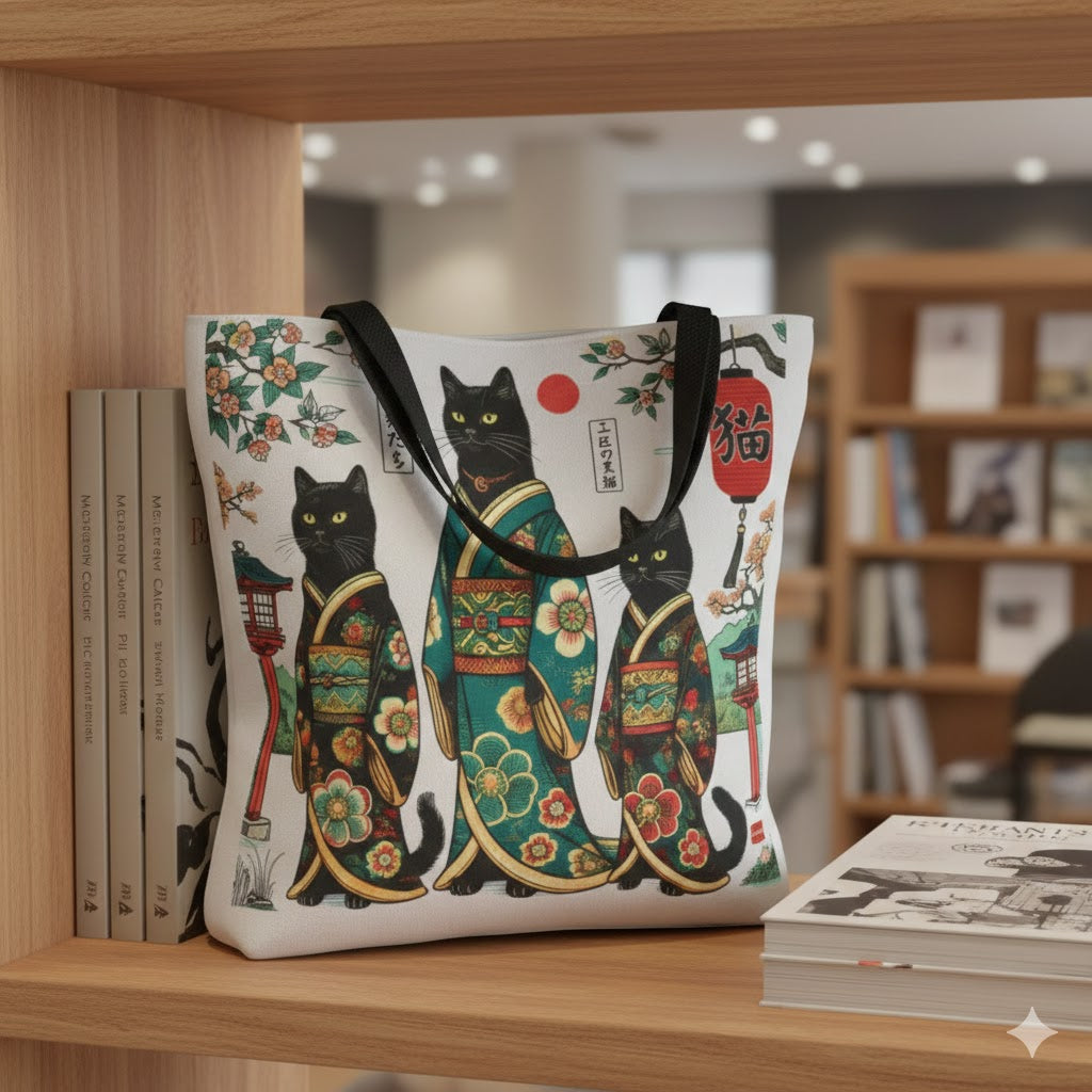 Black Cat Geisha Illustration Tote Bag | Japanese Kimono Cats, AOP Art