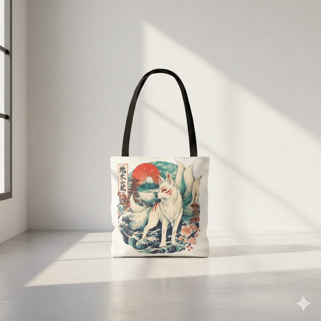 Nine-Tailed Fox Illustration Tote Bag | Kitsune, Japanese Wave Art