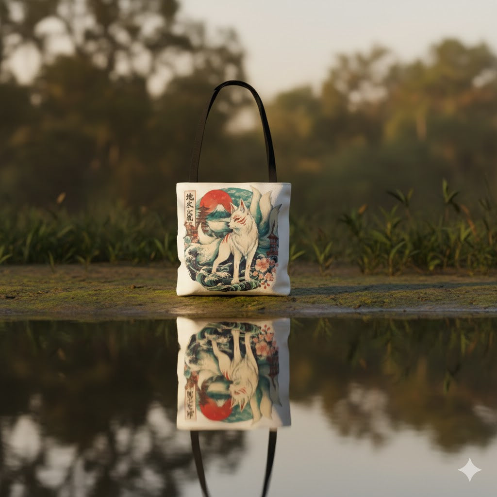Nine-Tailed Fox Illustration Tote Bag | Kitsune, Japanese Wave Art
