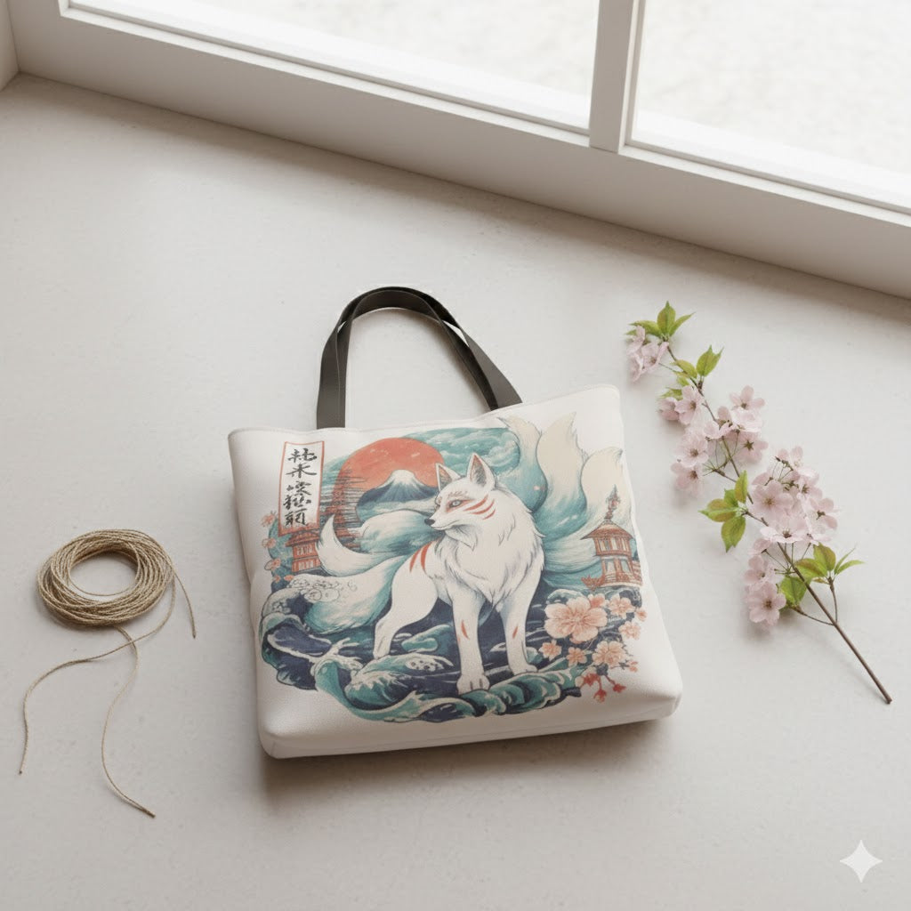 Nine-Tailed Fox Illustration Tote Bag | Kitsune, Japanese Wave Art