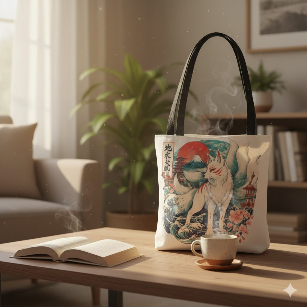Nine-Tailed Fox Illustration Tote Bag | Kitsune, Japanese Wave Art
