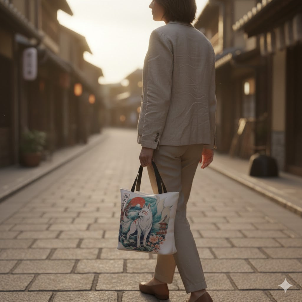 Nine-Tailed Fox Illustration Tote Bag | Kitsune, Japanese Wave Art