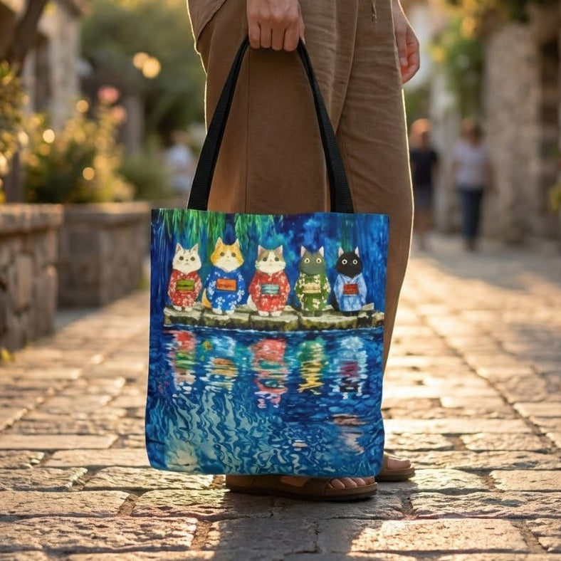 Person holding a tote bag with cat illustrations on a stone path