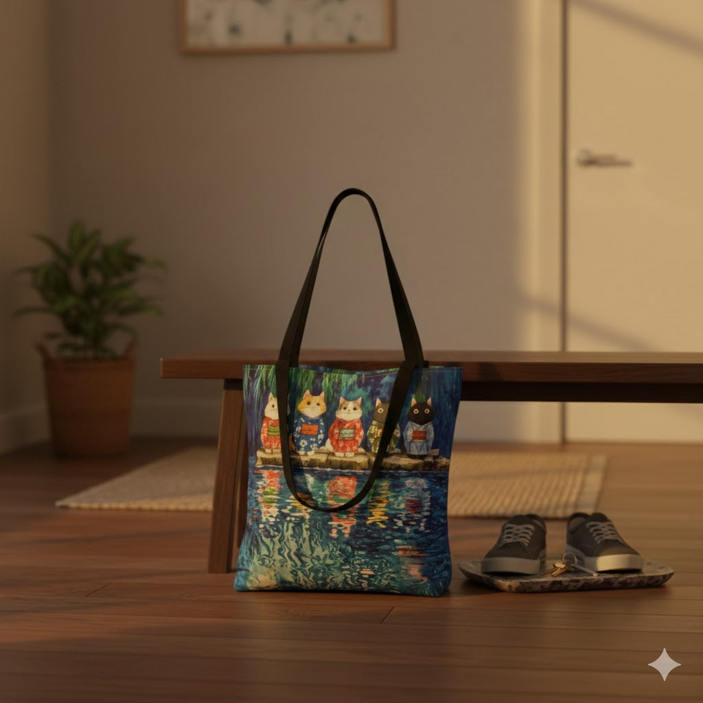 Cat Lanterns Tote Bag — Colorful Night Market Cat Tote