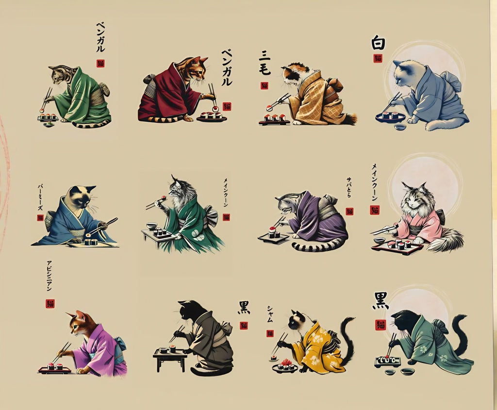 Cats in Kimonos Eating Sushi Calendar 2026