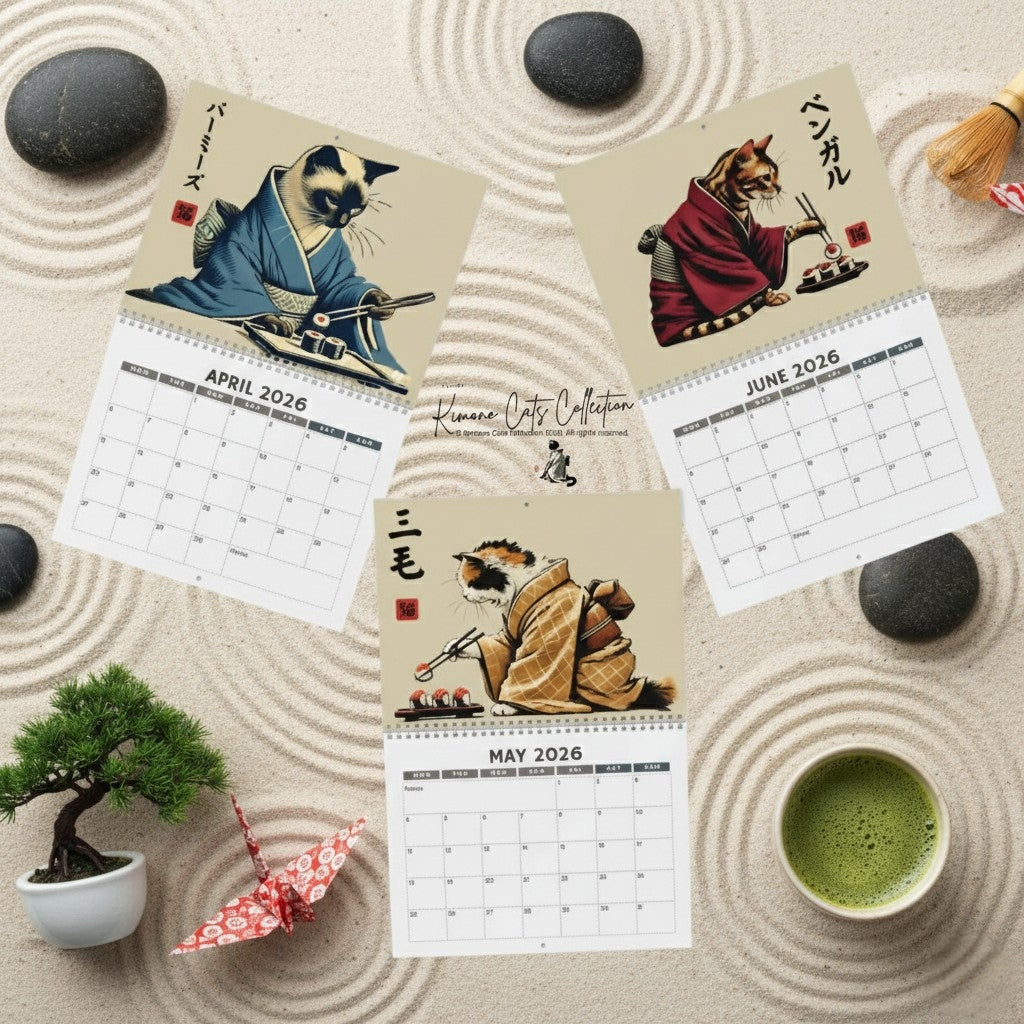 Cats in Kimonos Eating Sushi Calendar 2026