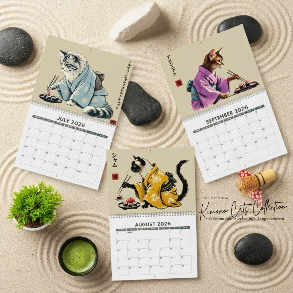 Cats in Kimonos Eating Sushi Calendar 2026