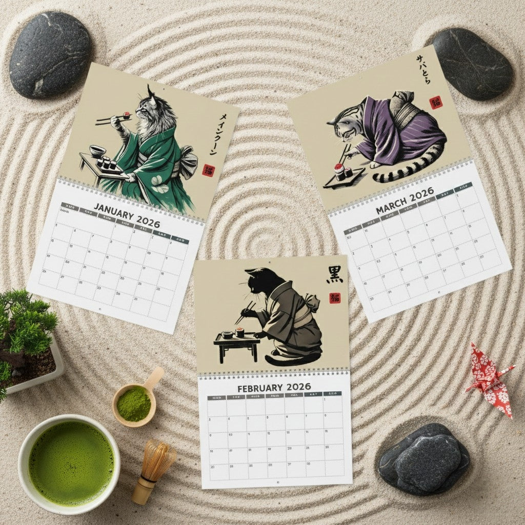 Cats in Kimonos Eating Sushi Calendar 2026