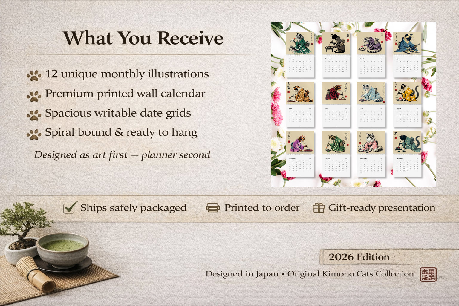 Cats in Kimonos Eating Sushi Calendar 2026