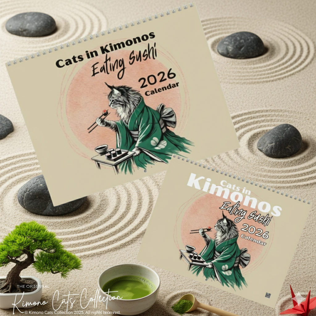 Cats in Kimonos Eating Sushi Calendar 2026