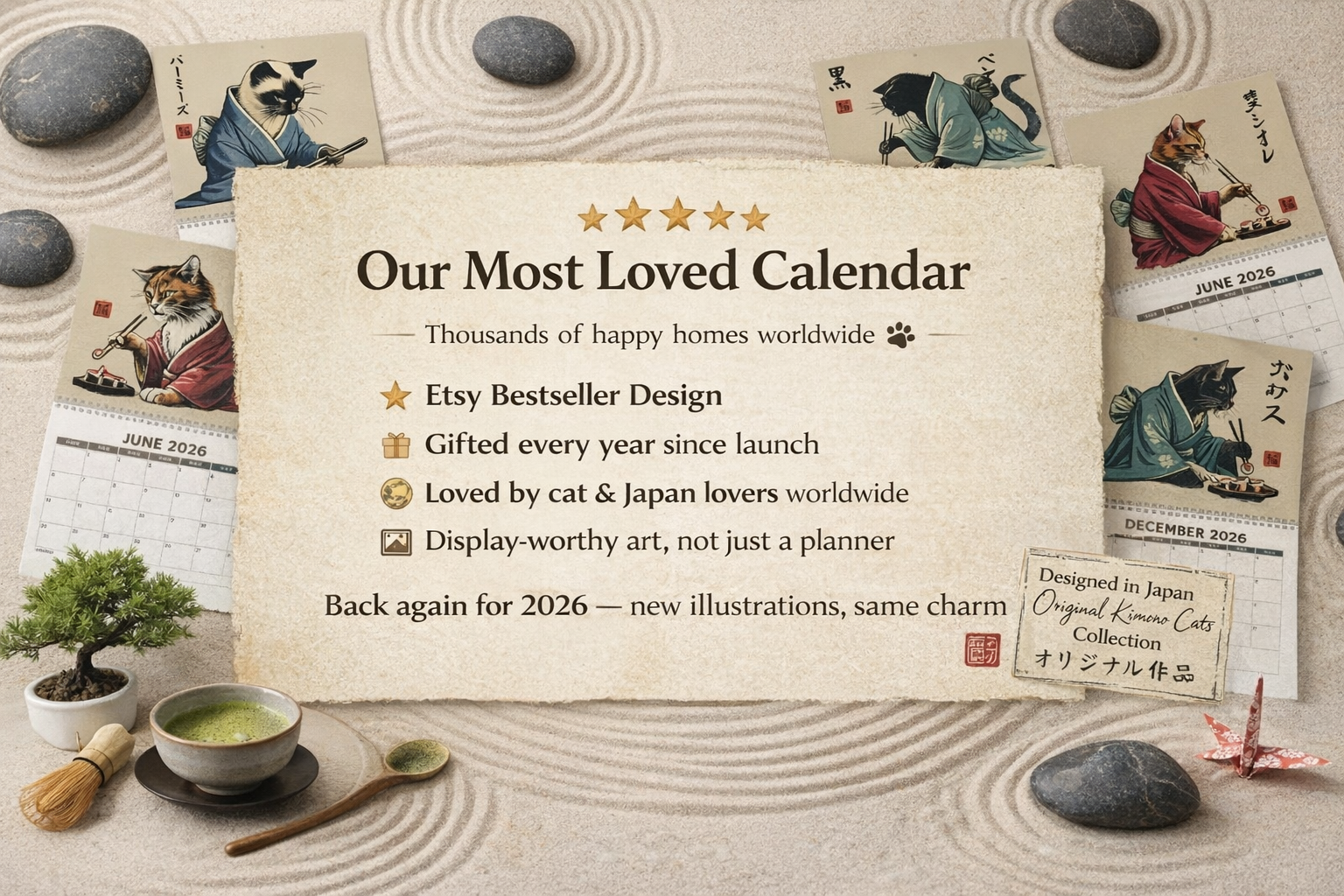 Cats in Kimonos Eating Sushi Calendar 2026