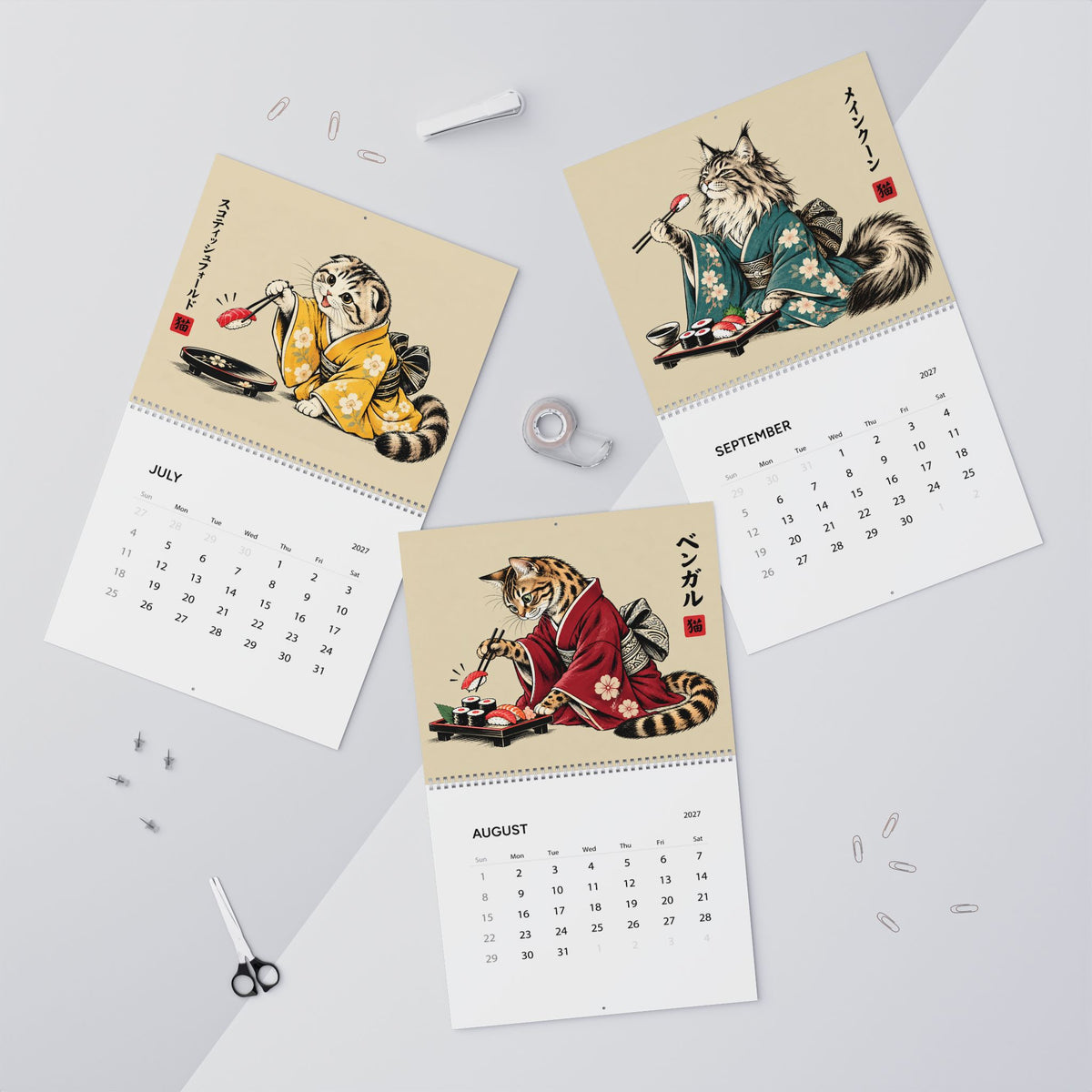 Japanese Cat Sushi Art Wall Calendar 2027