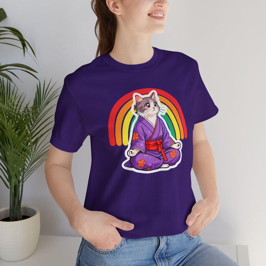 Rainbow Zen Cat Tee | Japanese Meditation Neko Kimono Shirt - Kimono Cats Collection