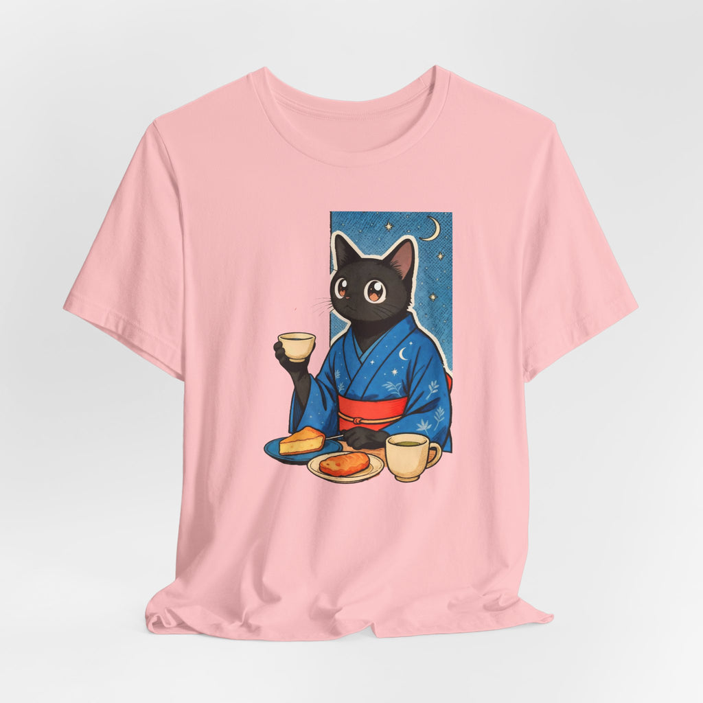 Midnight Tea Cat Shirt - Japanese Kimono Black Cat Tee | Cozy Night Aesthetic
