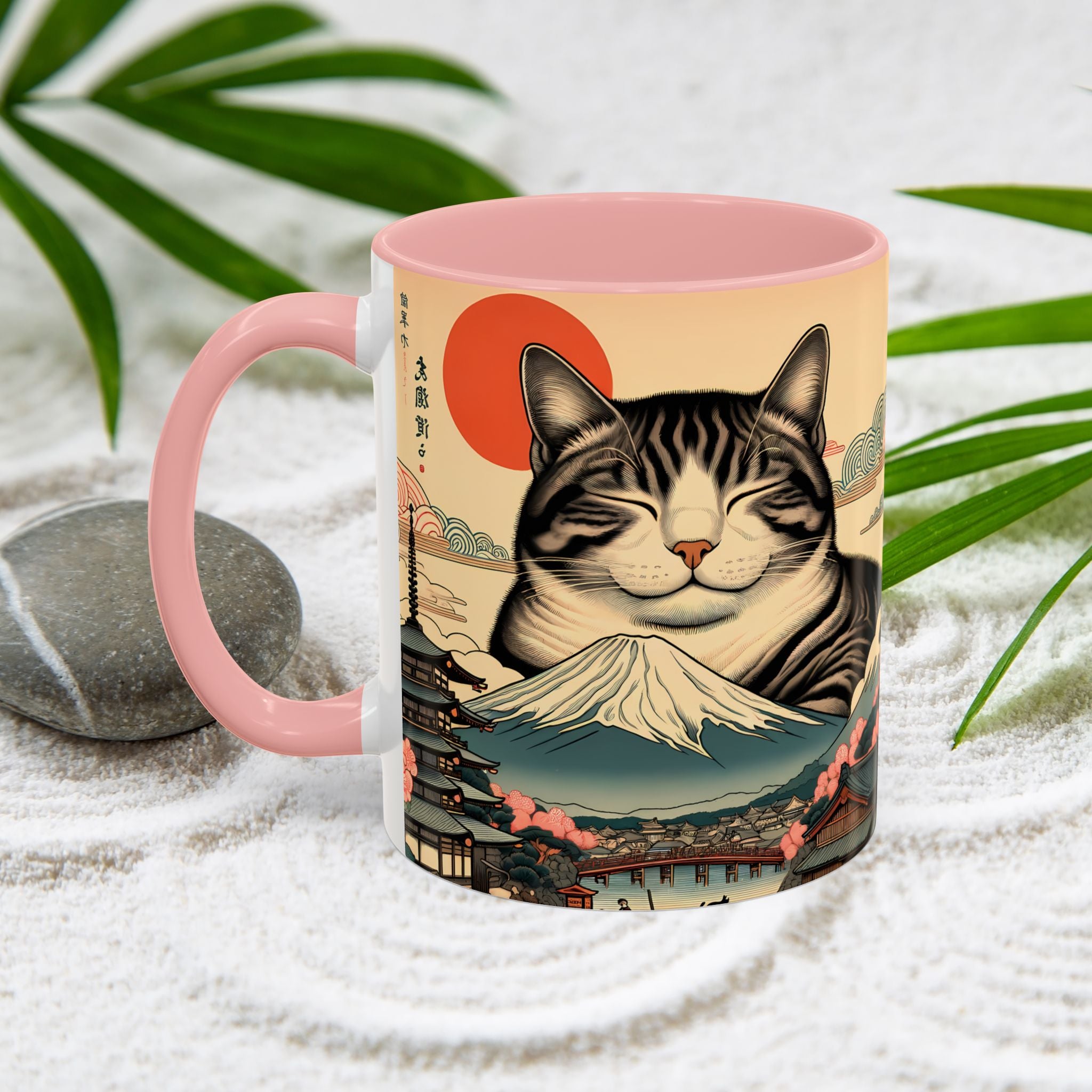 Japanese Fuji Cat Mug - Ukiyo-e Style Gift for Cat Lovers, Pet Mom Coffee Cup, Sleepy Neko Art Design