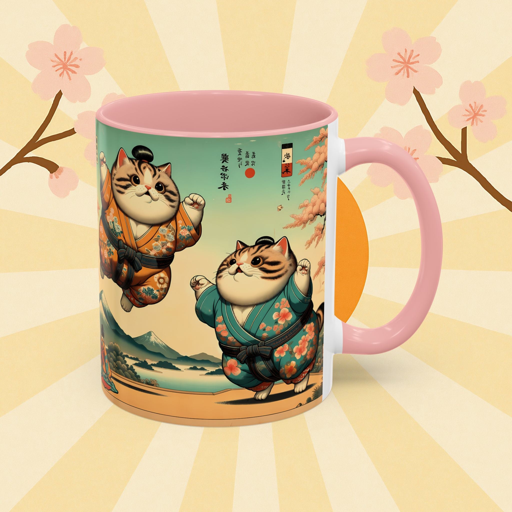 Sumo Cats Mug with Japanese Cherry Blossoms Design - Kimono Cats Collection