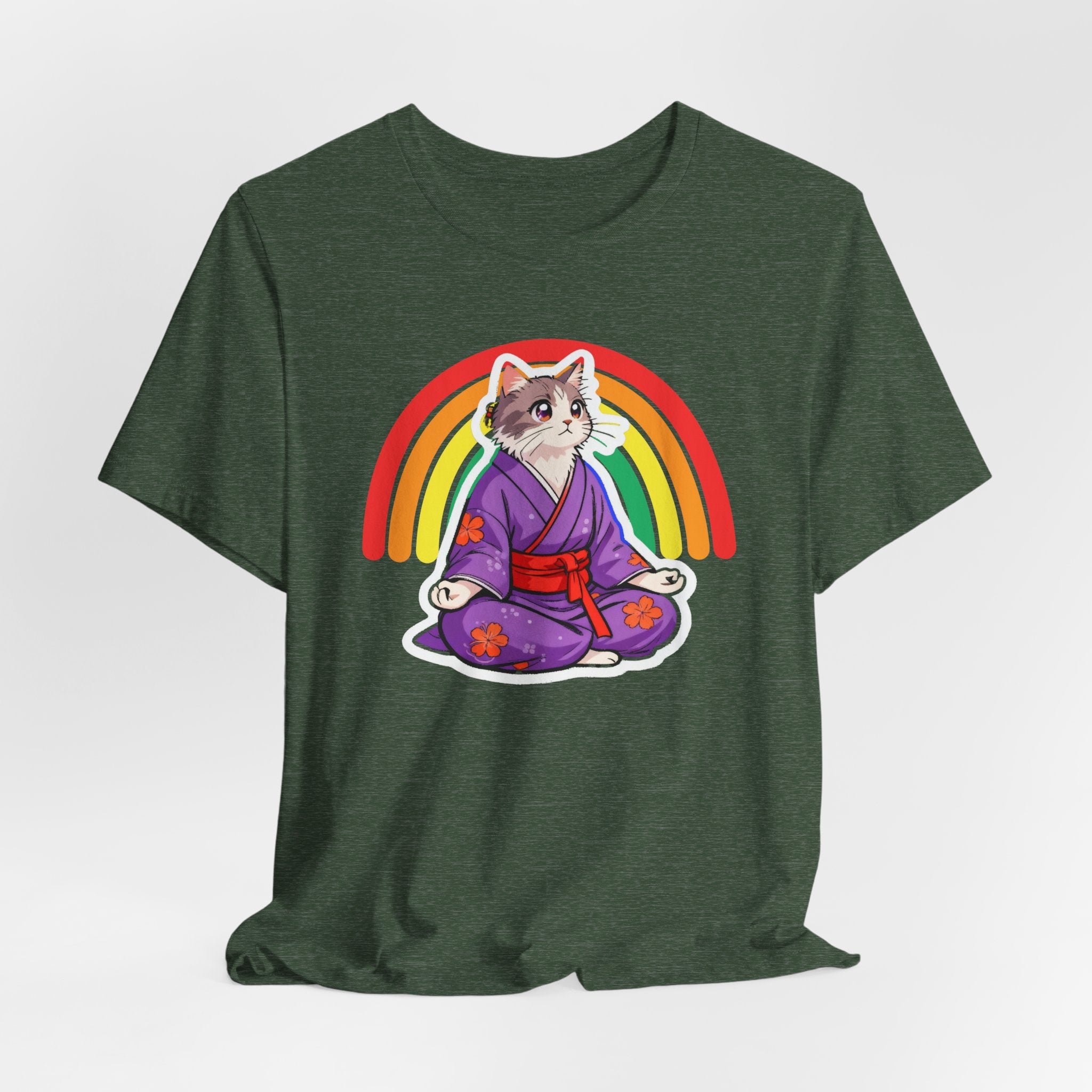 Rainbow Zen Cat Tee | Japanese Meditation Neko Kimono Shirt - Kimono Cats Collection