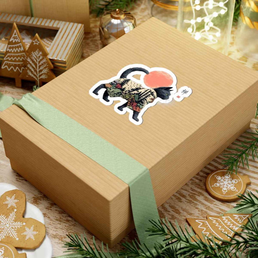 Black Cat with Forest Pattern Sticker | Kiss-Cut Vinyl Sticker