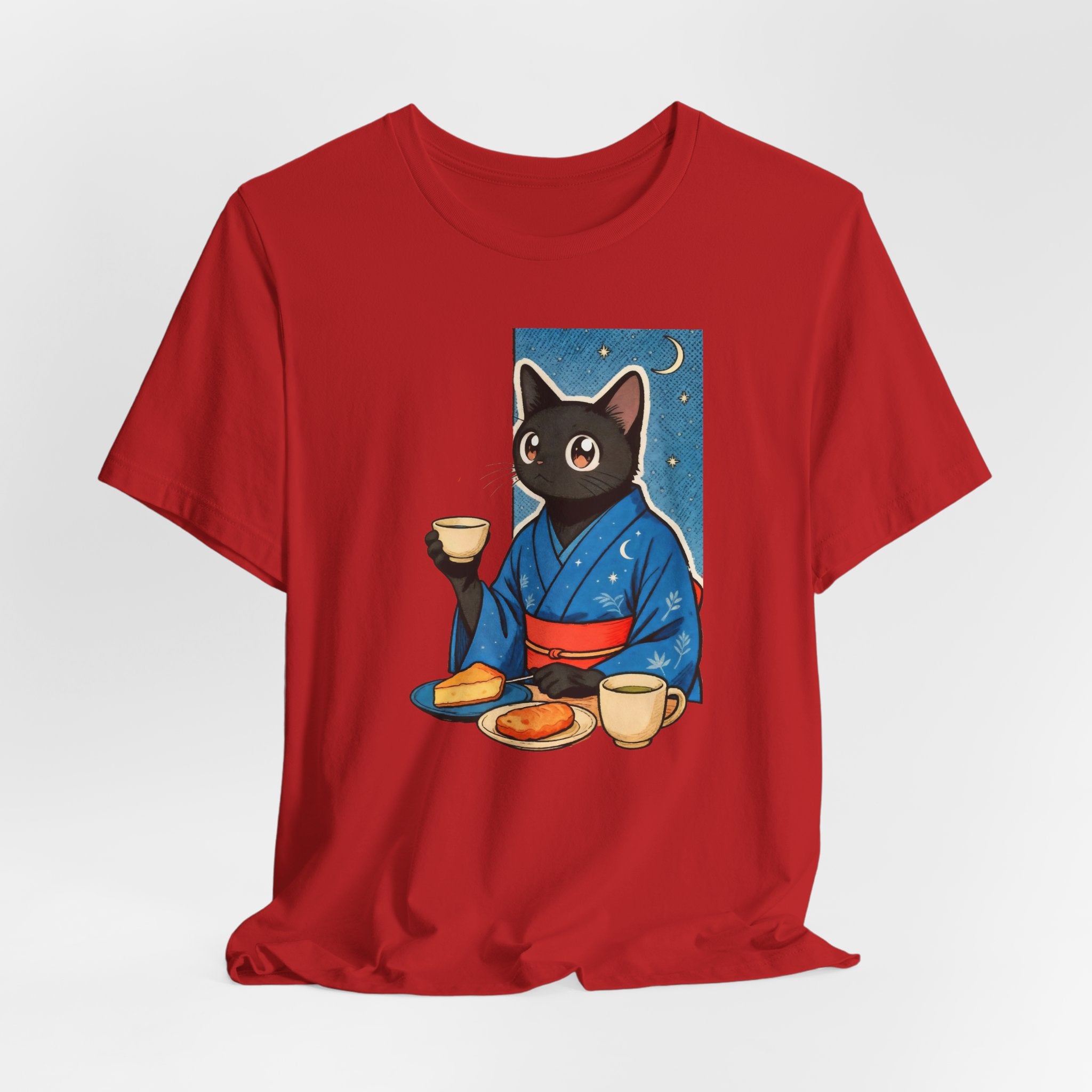 Midnight Tea Cat Shirt - Japanese Kimono Black Cat Tee | Cozy Night Aesthetic