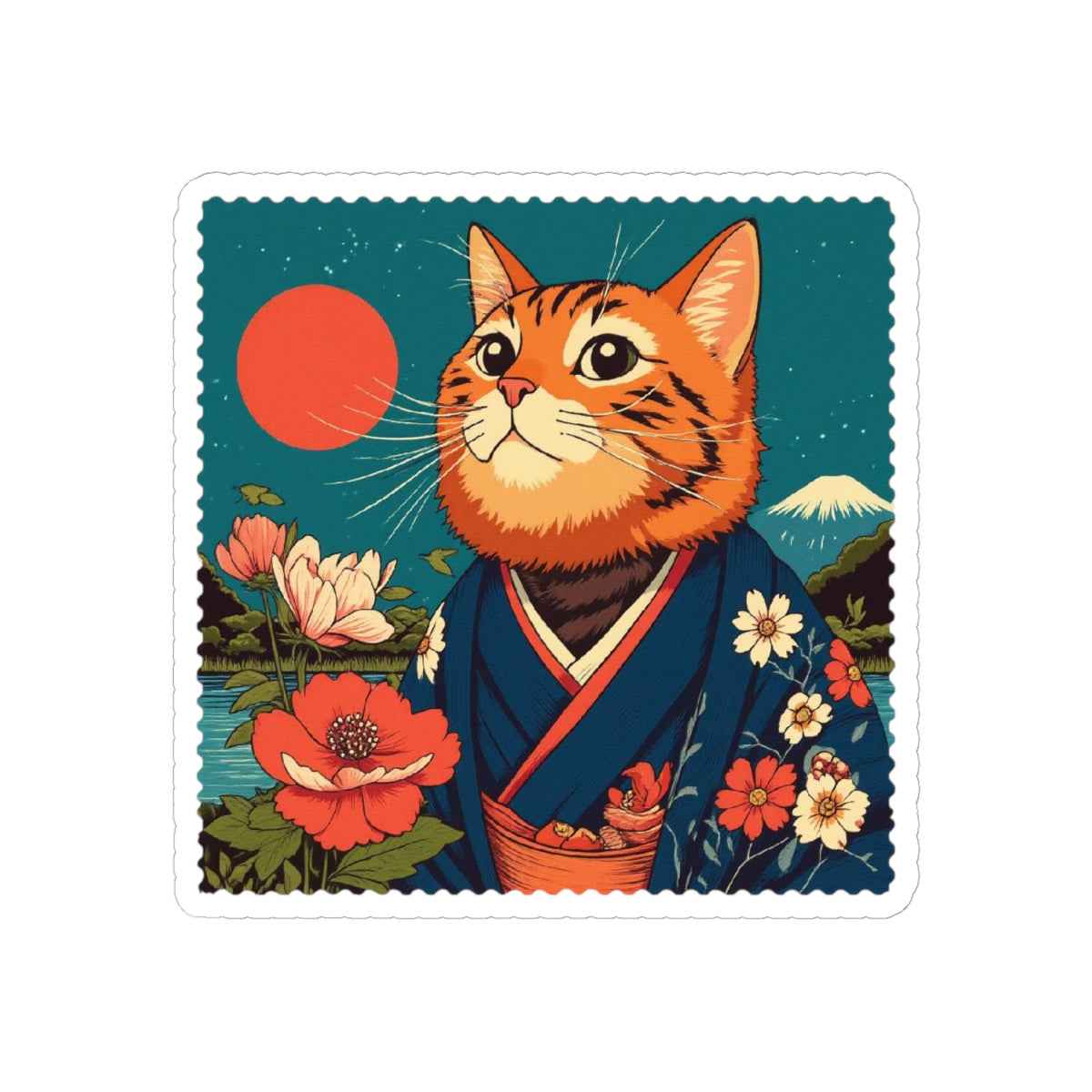 Samurai Cat Illustration Kiss-Cut Sticker | Vintage Japanese Floral Design