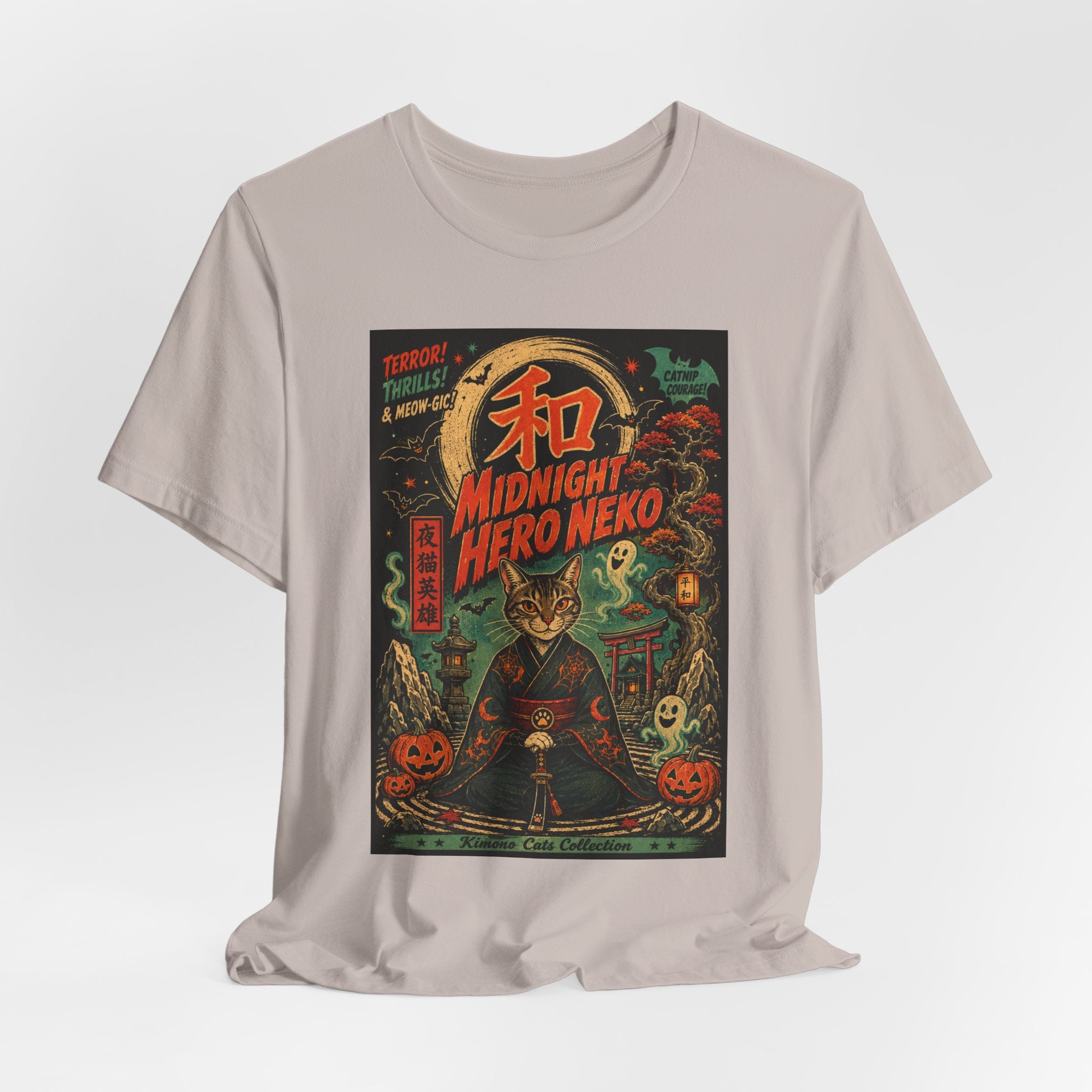 Midnight Hero Neko Tee — Vintage Halloween Cat Graphic T-Shirt