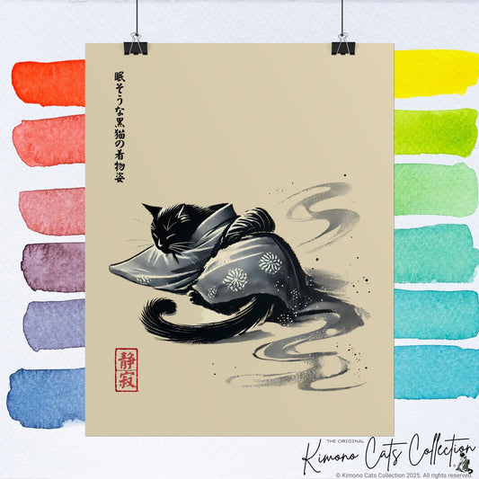 Schlafende schwarze Katze im Kimono – Sumi-e Zen-Kunstdruck 🐾🖌️