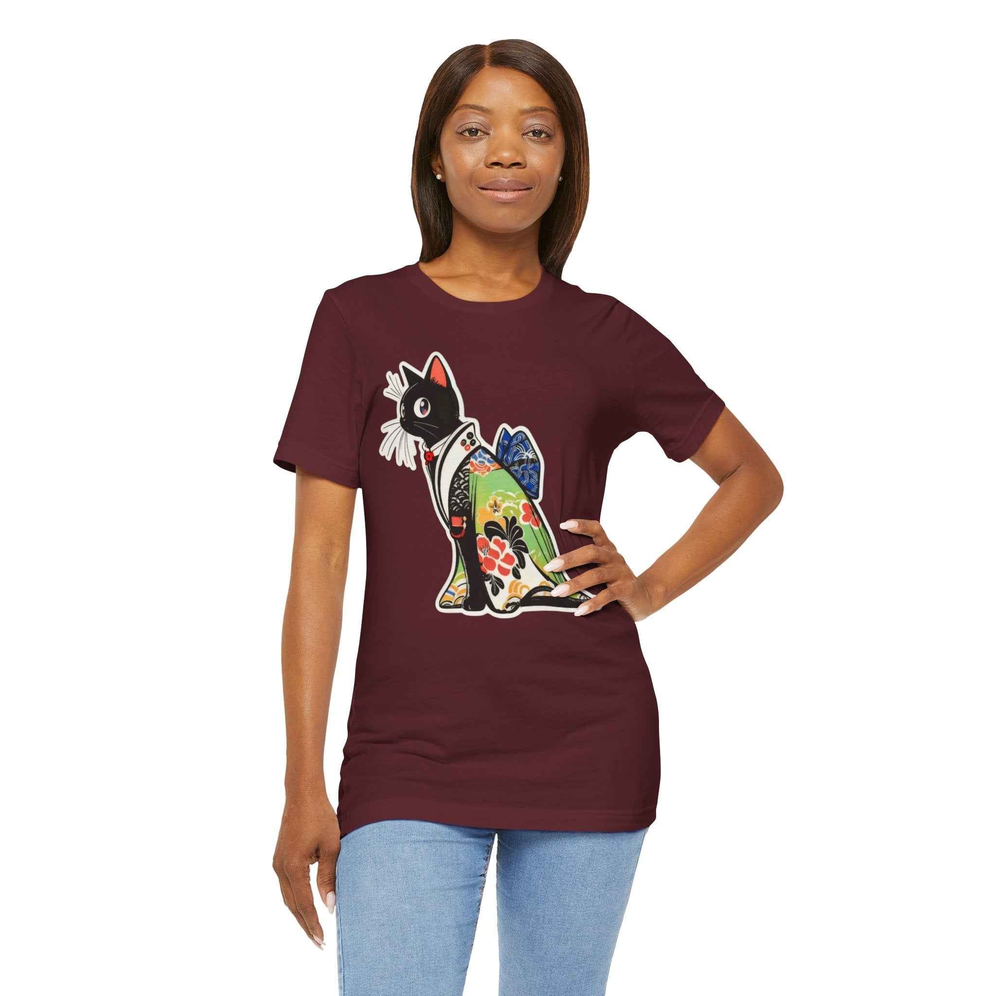 Cat Kimono T‑Shirt — Japanese Floral Black Cat Graphic Tee