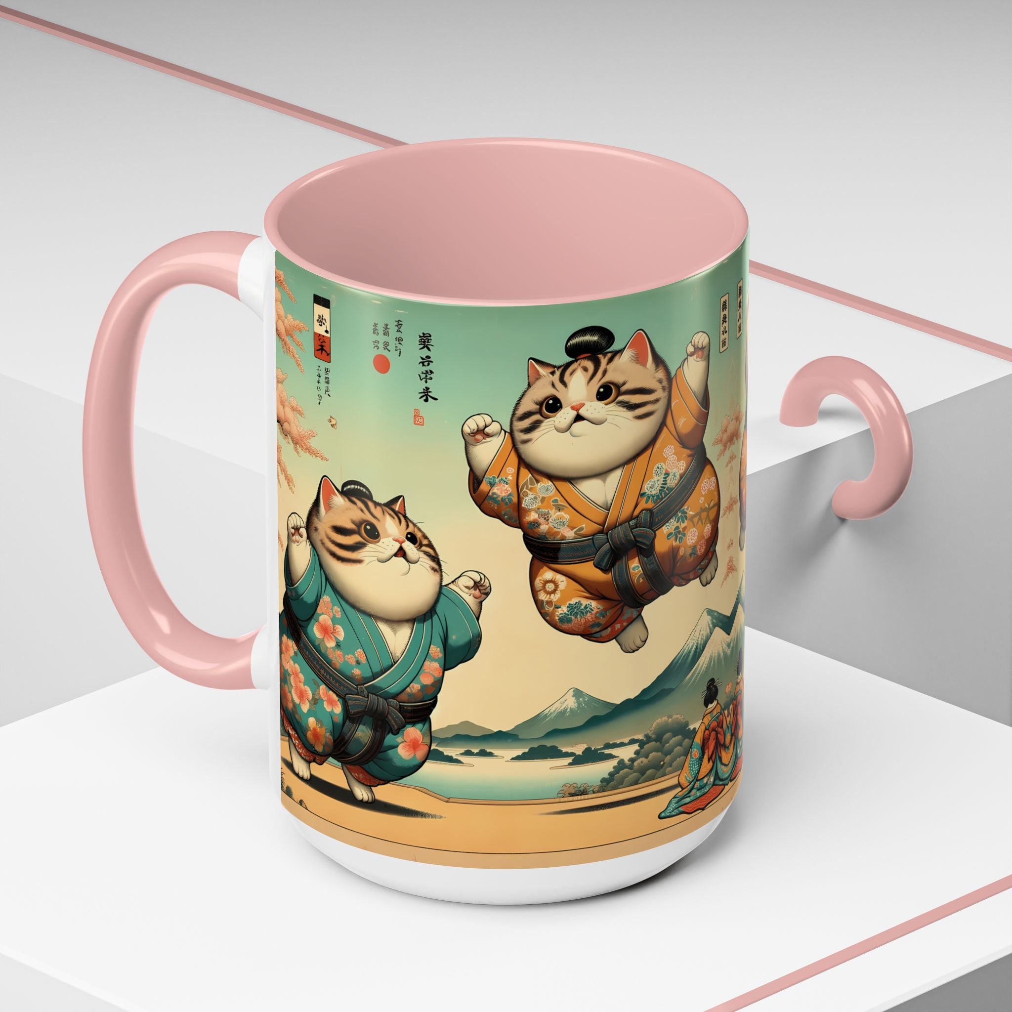 Sumo Cats Mug with Japanese Cherry Blossoms Design - Kimono Cats Collection