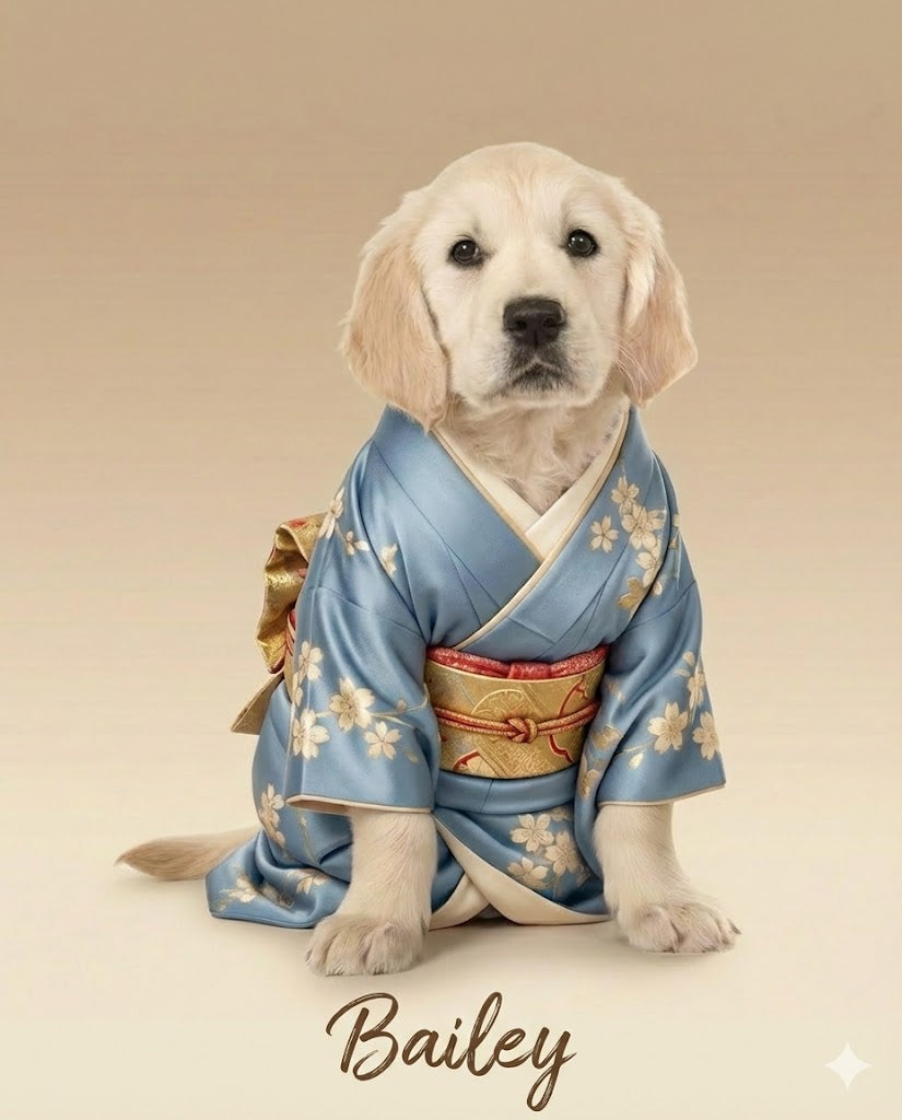 Puppy in a blue kimono with floral patterns on a beige background