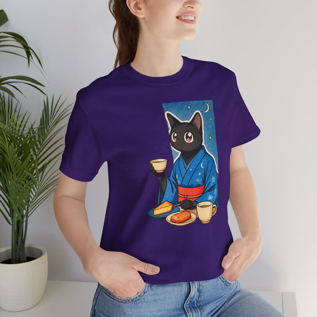 Midnight Tea Cat Shirt - Japanese Kimono Black Cat Tee | Cozy Night Aesthetic