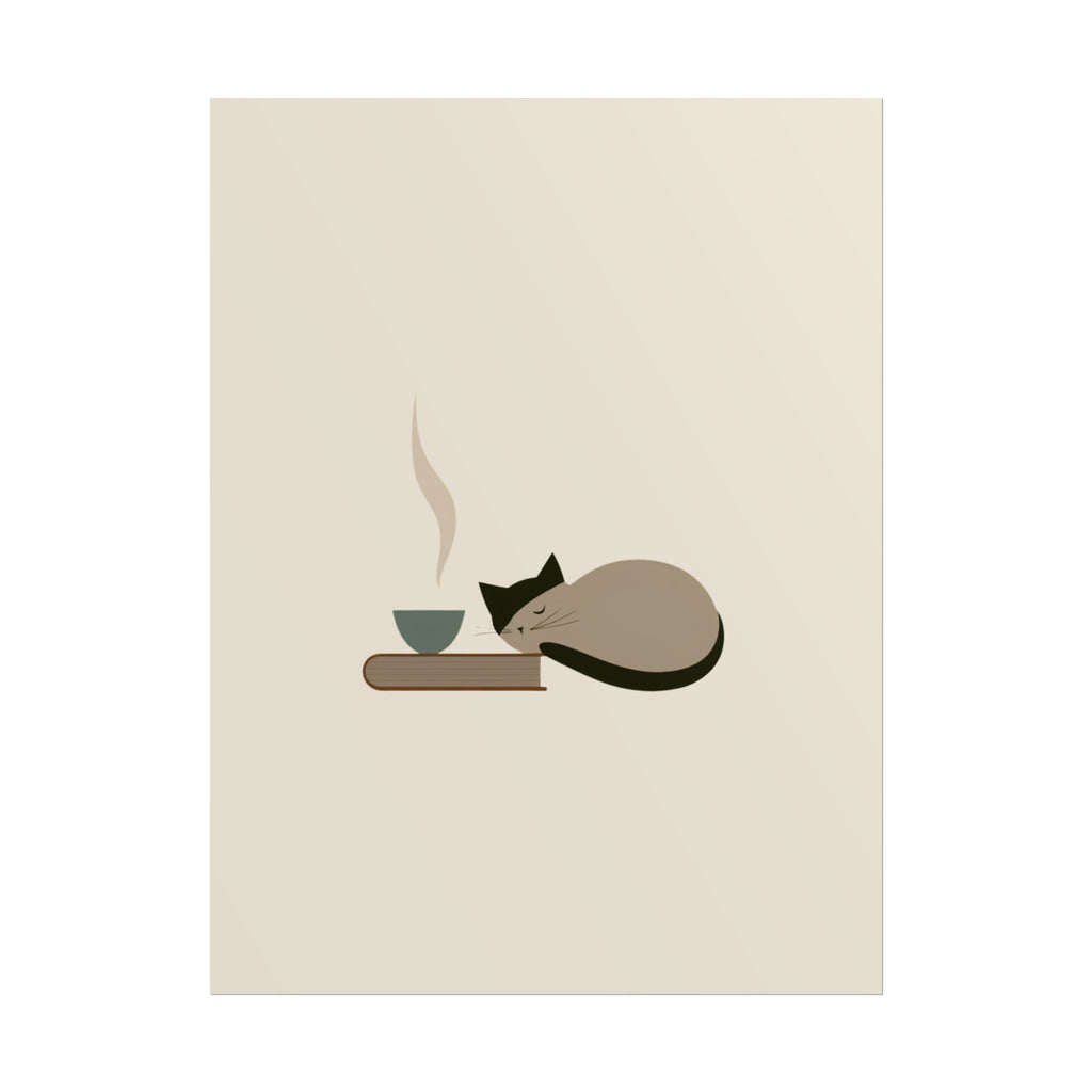 Minimalist Cat Nap Poster – Cozy Tea & Book Wall Art