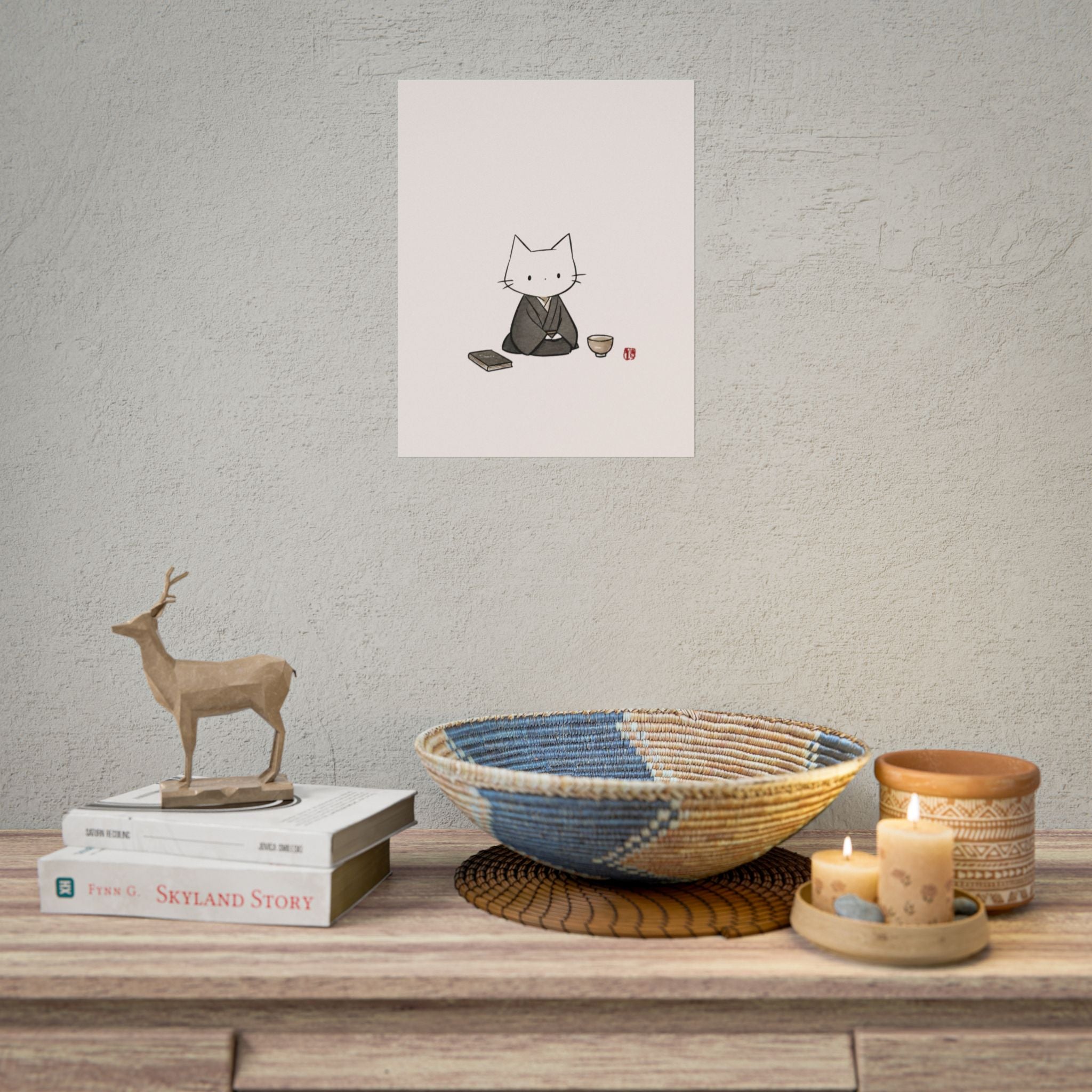 Zen Cat Poster — Minimalist Kawaii Cat in Kimono Wall Art