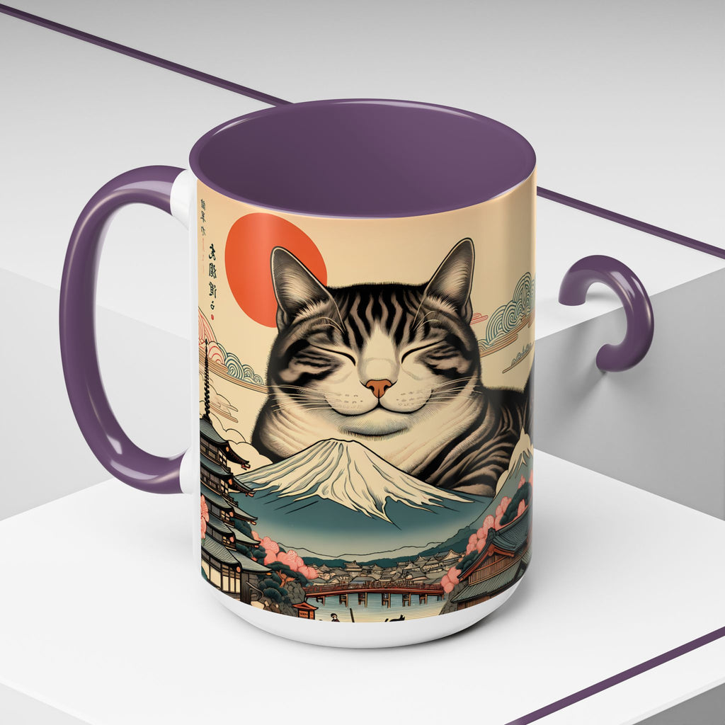 Japanese Fuji Cat Mug - Ukiyo-e Style Gift for Cat Lovers, Pet Mom Coffee Cup, Sleepy Neko Art Design