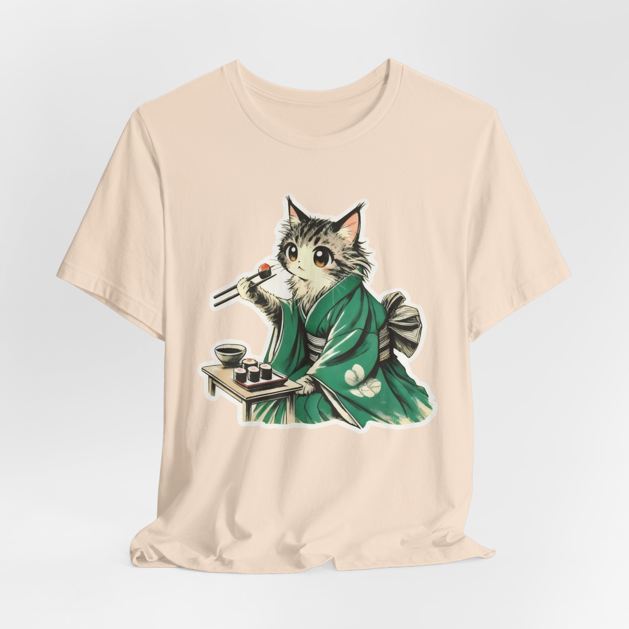 Kat Wearing Kimono Eating Sushi T-Shirt | Cute Japanese Cat Illustration
